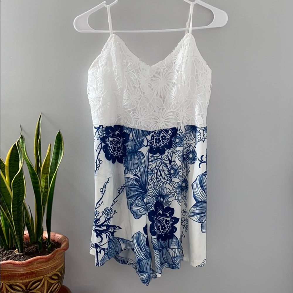 Blue and White Lace + Satin Romper
